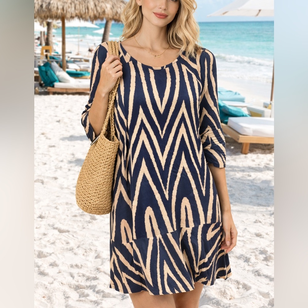 Navy and Tan Chevron Silk Dress with Bottom Ruffle